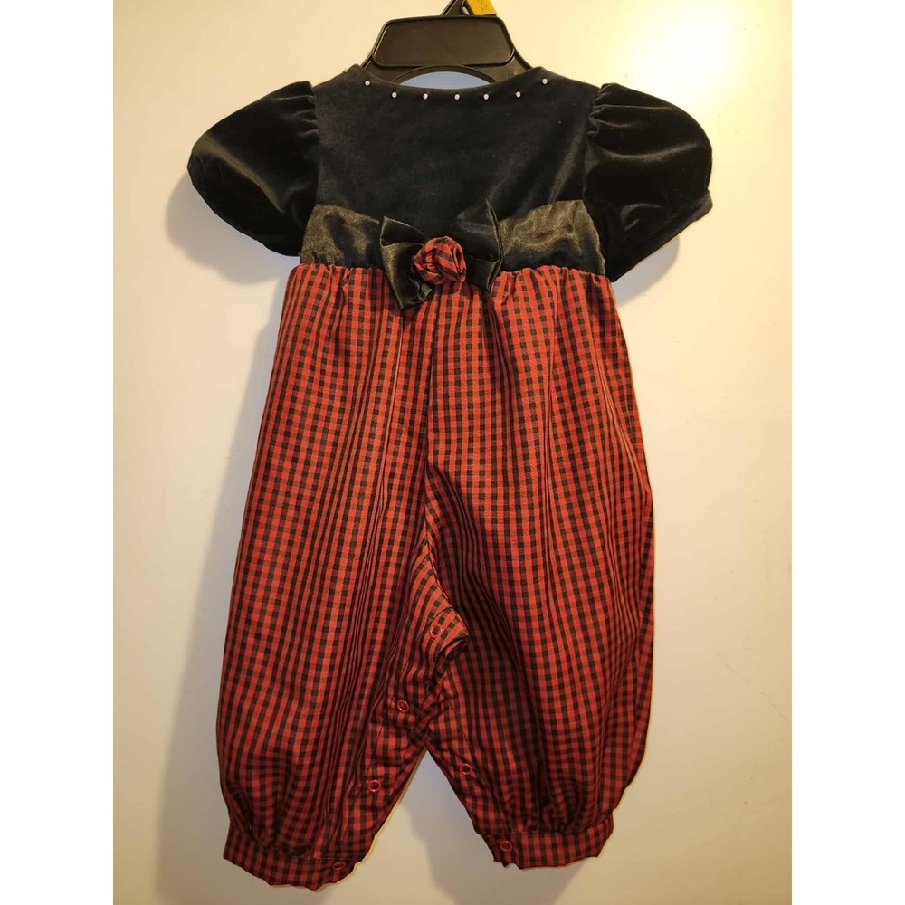 Vintage Starting Out 12 Month Girls Romper Red/Black Velveeteen Fancy‎ Romper